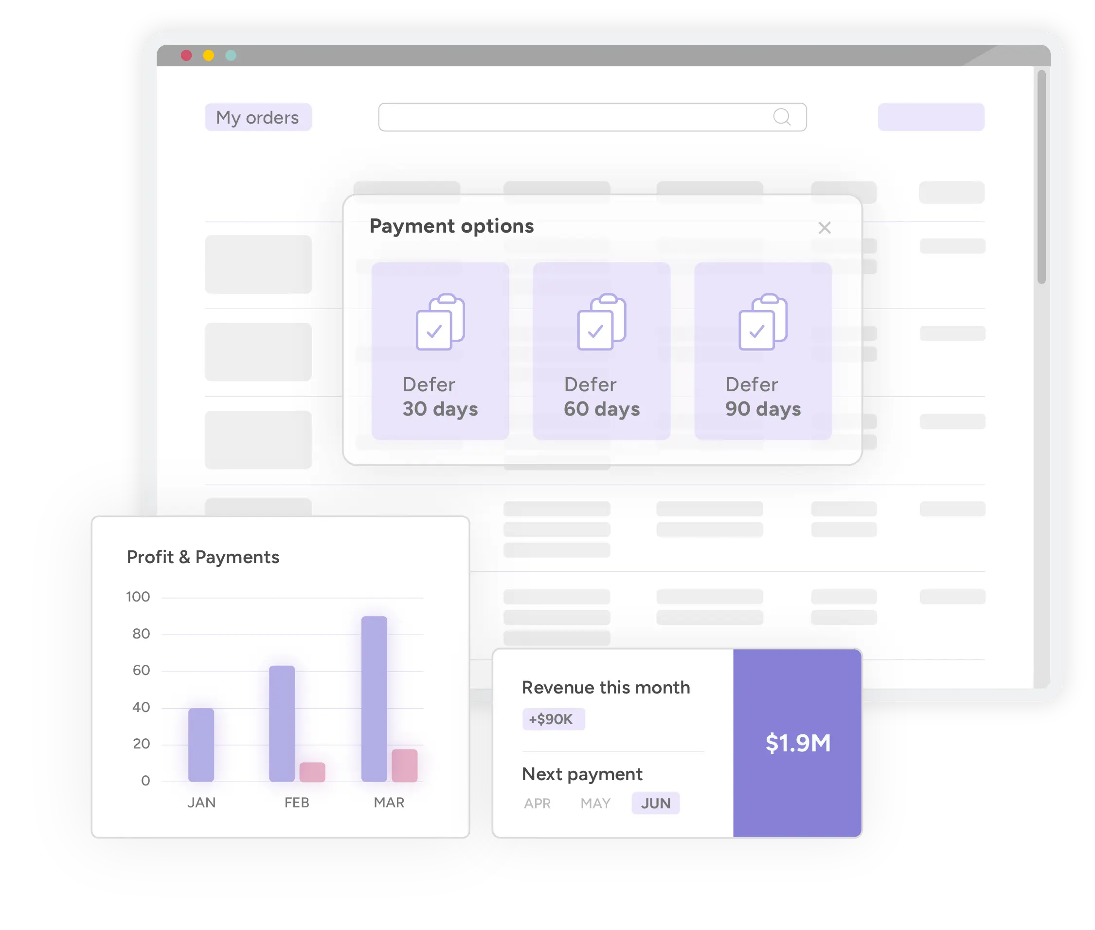 Image of the buyer portal in the My Orders page showing the payment options, profit and payments graph and revenue for the current month.